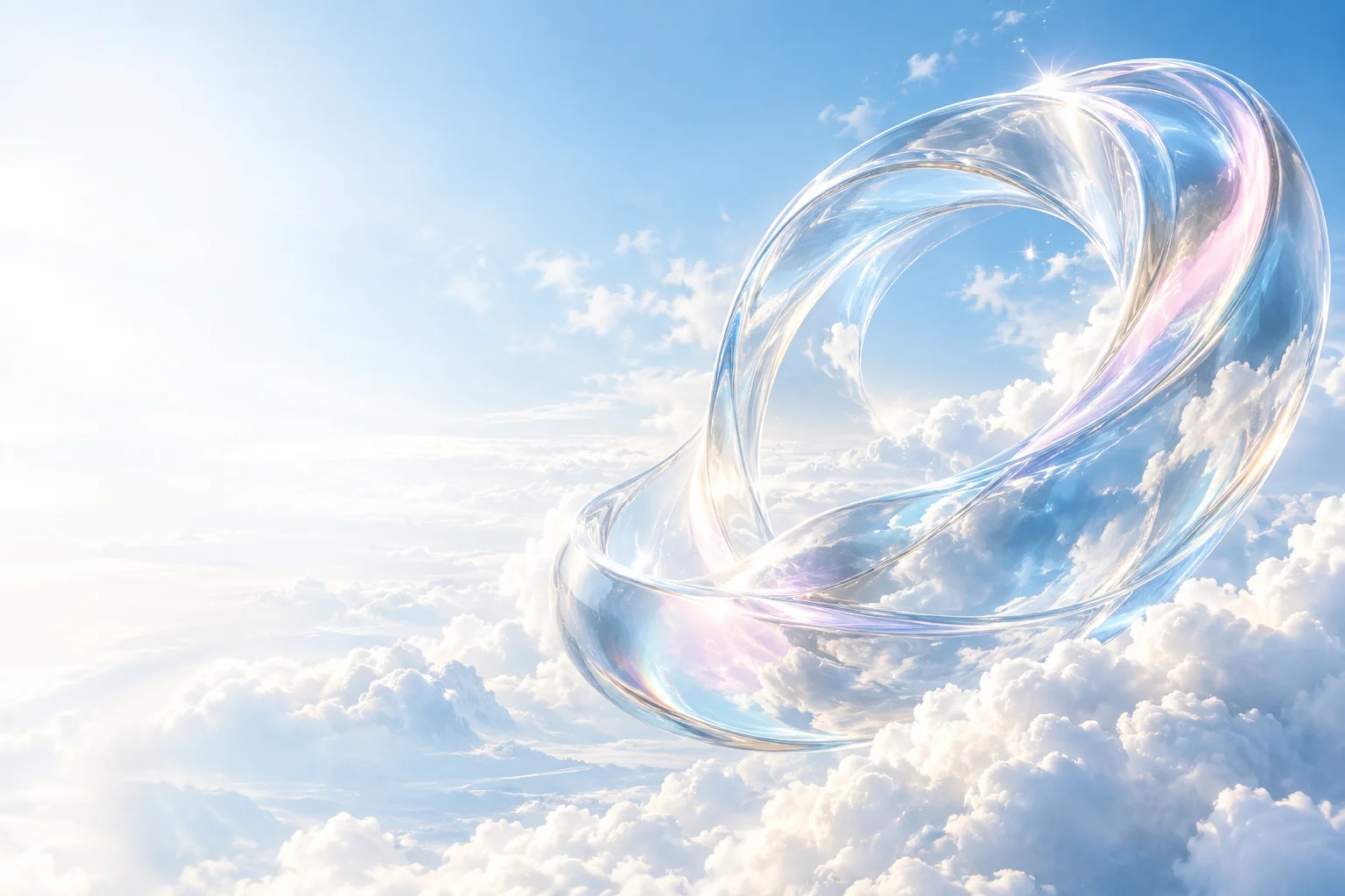 青空と雲の中に浮かぶ、光をまとったガラスの輪